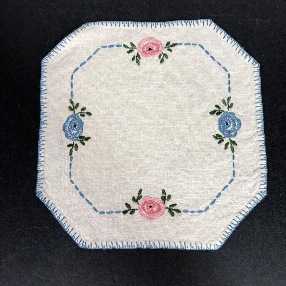 Vintage Small Table Topper Linens Blue and Pink Flowers Needlepoint Handmade 3pc